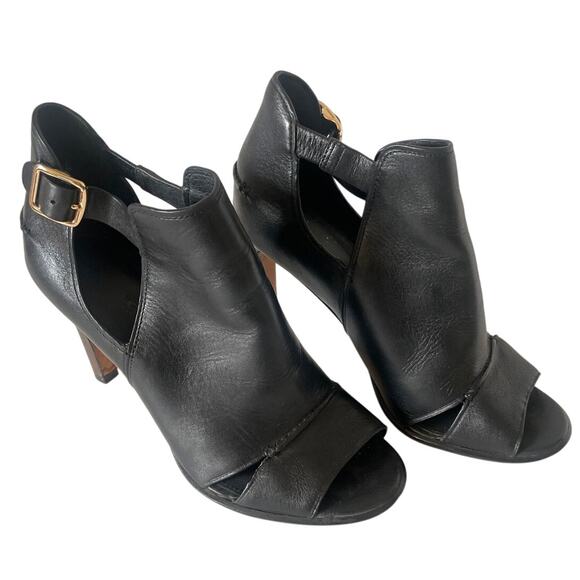 Coach Black Leather Idena Cut Out Open Toe Booties w/ Brown Wood Heel • Size 7 - Picture 2 of 5